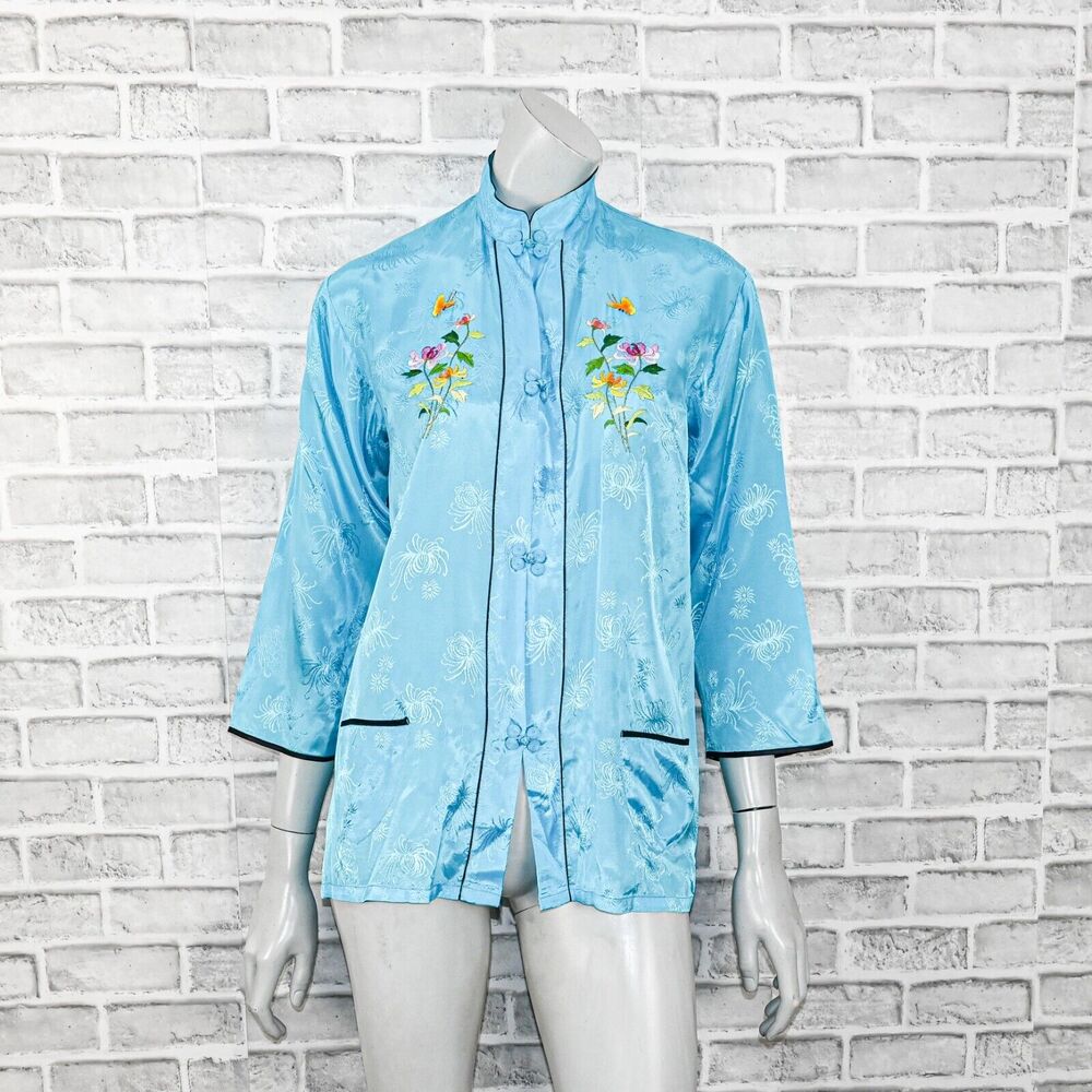 vtg GOLDEN BEE Mandarin Kimono Blouse floral embroidered blue
